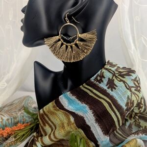 Chic Gold And Tan Fringe Hoop Earrings